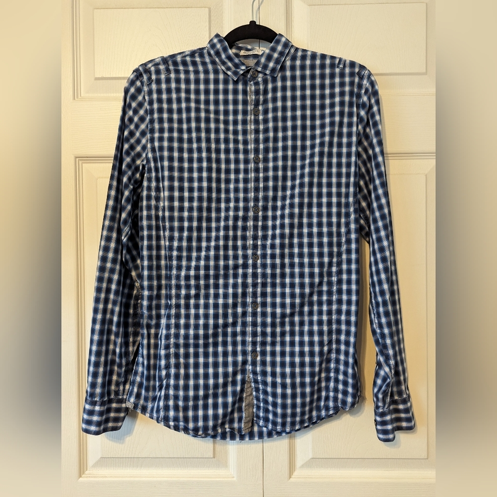 3/$20! Men's Calvin Klein Blue Plaid Fitted Dress Shirt